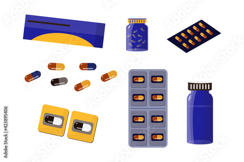 Set of medicines. Blister packaging of tablets and capsules, vials. Pain relievers, antibiotics, vitamins and aspirin in the pharmacy. Large selection of medicines. Isolated elements. Vector 