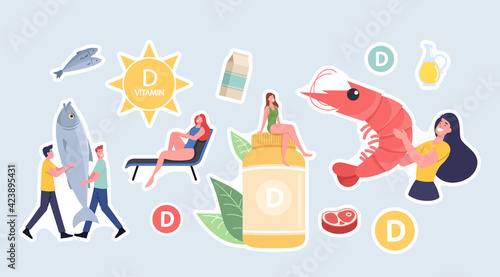 Set of Stickers with Characters Presenting Sources of Vitamin D Seafood, Organic Natural Products and Sunbathing
