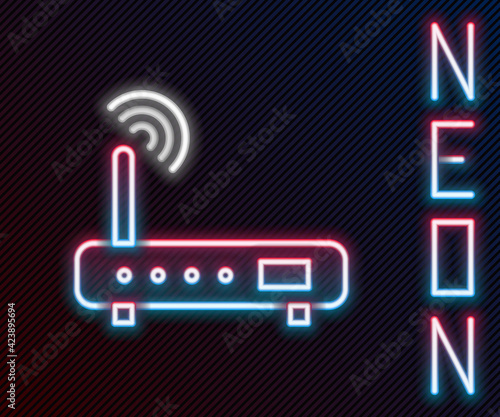 Glowing neon line Router and wi-fi signal icon isolated on black background. Wireless ethernet modem router. Computer technology internet. Colorful outline concept. Vector Illustration
