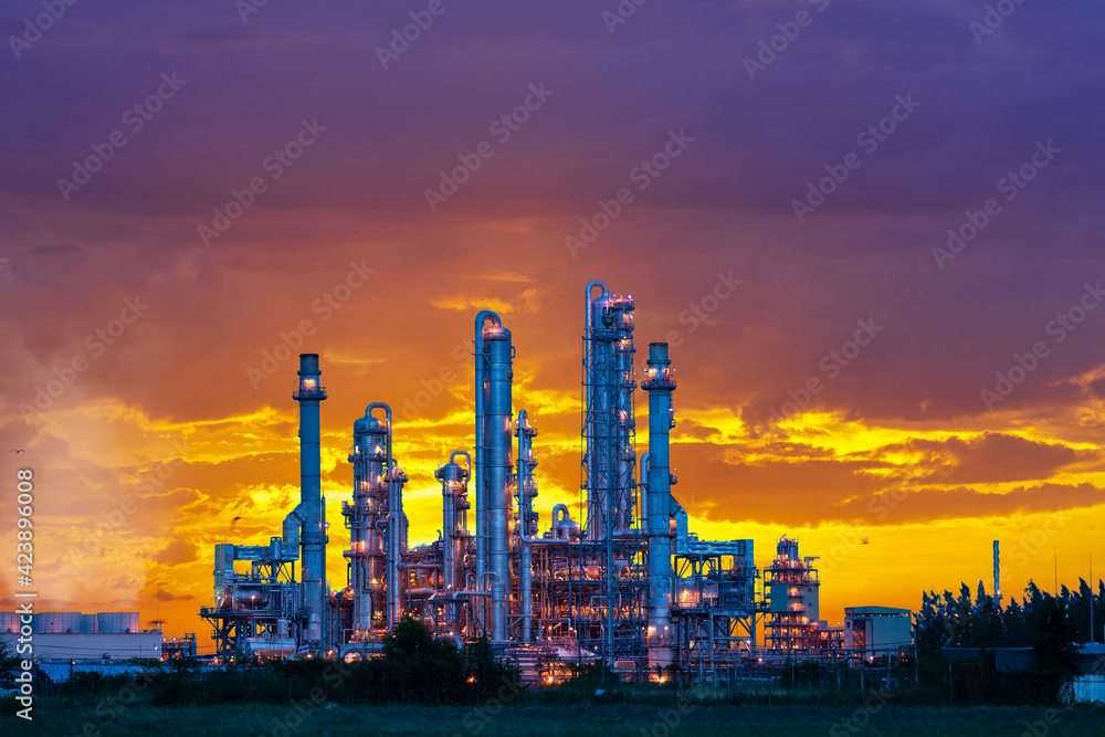Power plant gas or oil for industry at twilight, Power plant with sunlight