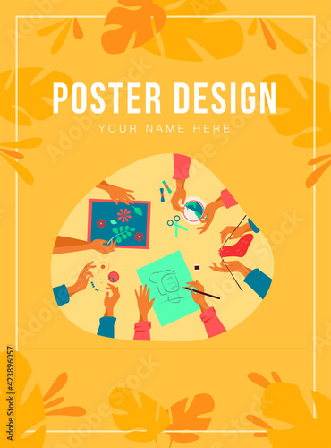 Creative handmade workshop flat vector illustration. Children making creative embroidery, scrapbooking and knitting. DIY, craft and craftwork concept.