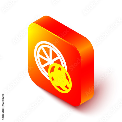 Isometric line Genetically modified citrus fruit icon isolated on white background. Orange in a cut. Healthy lifestyle. GMO fruit. Orange square button. Vector
