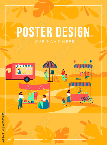 Happy people at street season flea market flat vector illustration. Cartoon crowd walking at park during summer fair. Sale community and marketplace concept