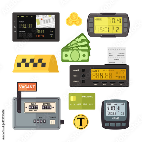 Digital and mechanical taximeters set. Counter with yellow screen number of kilometers and cost travel comfortable transportation trips and convenient credit cash payment. Route vector.