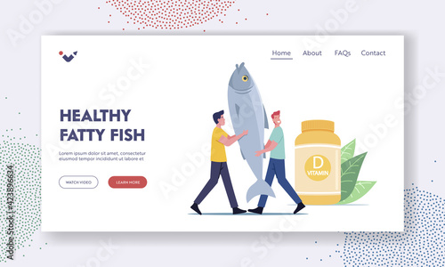 Healthy Fatty Fish Landing Page Template. Products or Food Contain Vitamin D, Tiny Male Character Carry Huge Fish