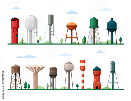 Retro and modern water towers set. Geometric industrial constructions tanks for storing supplies drinking liquid tall gray frames with vertical ladders maintenance infrastructure. Cartoon vector.