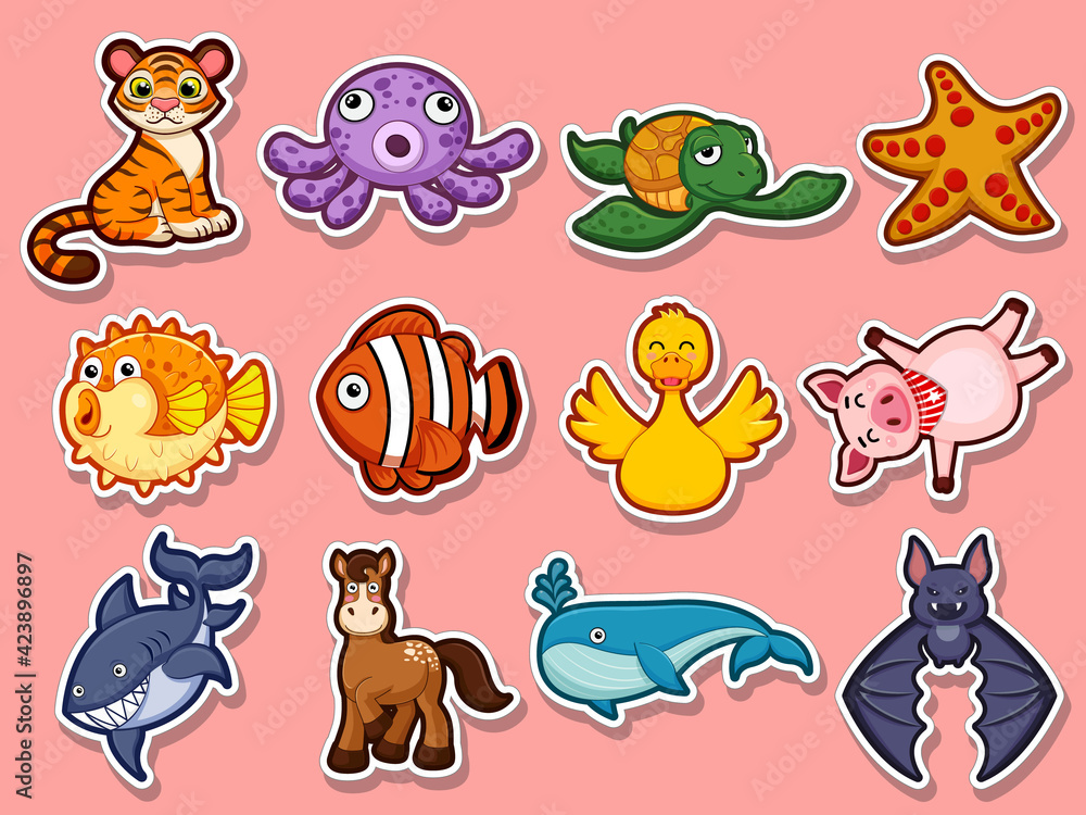 Obraz premium Animal stickers for kids. Collection cute Animal cartoon flat style. Vector illustration design template