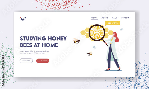 Studying Honey Bees at Home, Apiary Landing Page Template. Tiny Scientist with Huge Magnifying Glass Learning Bees Larva