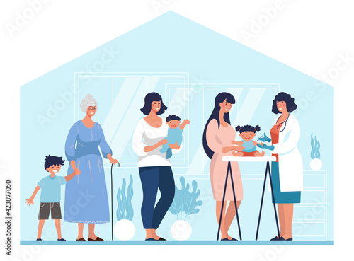 Women and children at the pediatrician. Vaccination of children and babies, vaccination week at the hospital, the doctor injects the girl in the arm. Vector illustration.