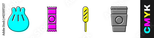Set Khinkali on cutting board, Chocolate bar, Corn dog and Coffee cup to go icon. Vector