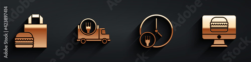 Set Online ordering burger delivery, Fast delivery by car, Round the clock delivery and Online ordering and delivery icon with long shadow. Vector