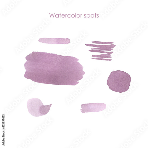 Wedding color pallete. Color spots, blots. Purple stain. Sketches of watercolor. Card, wallpaper, background