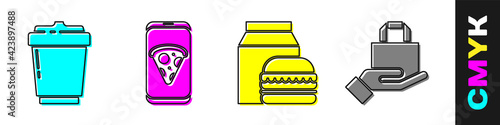 Set Coffee cup to go, Food ordering pizza, Online ordering and burger delivery and Online ordering and delivery icon. Vector