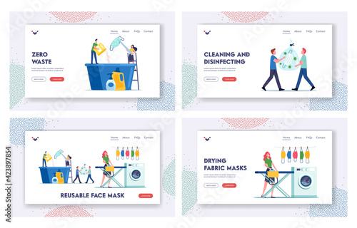 Reusable Masks Care and Recycling Landing Page Template Set. Tiny Characters Washing, Ironing and Drying Masks for Reuse