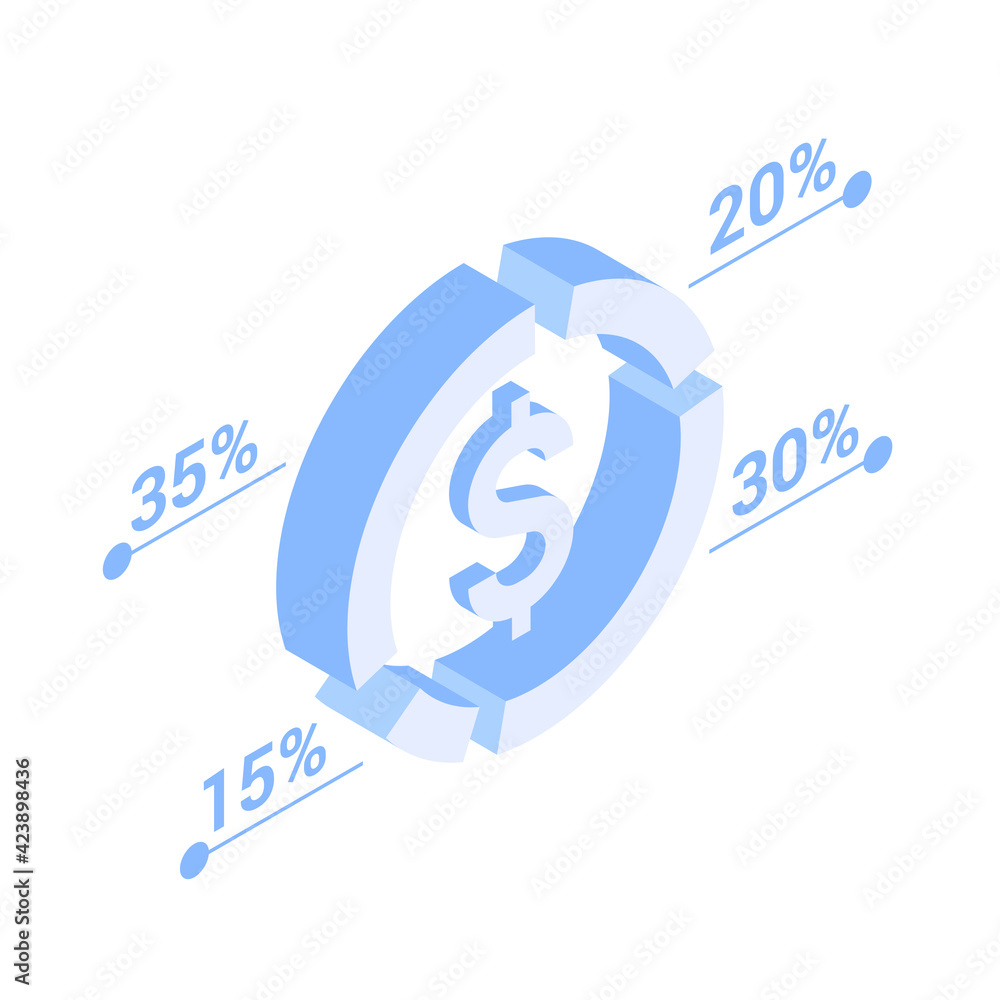 3d pie chart with dollar sign inside. Infographic element. Vector illustration in modern isometric style. Isolated on white background 3d pie chart with dollar sign inside. Infographic element. Vector illustration in modern isometric style. Isolated on white background