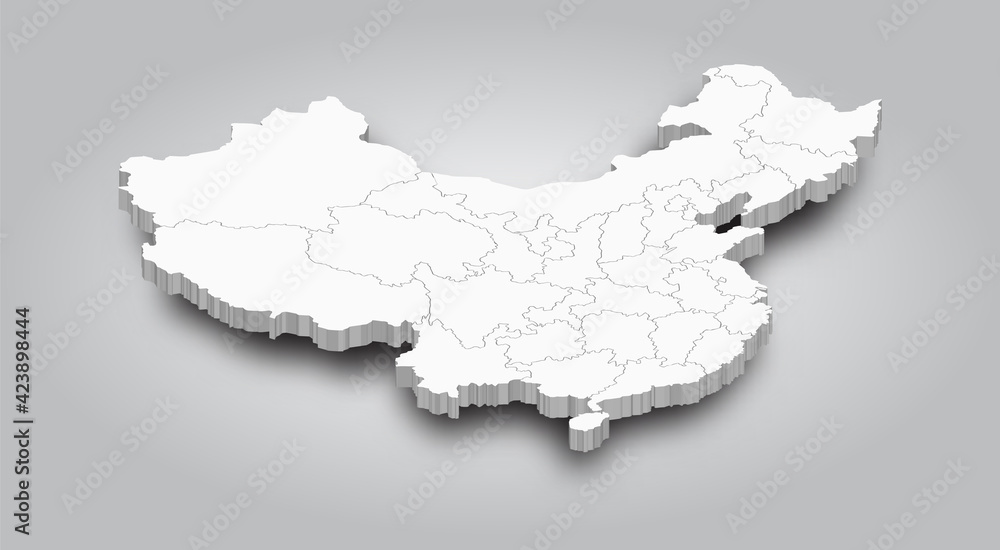 3D Map of China and province with shadow on gradient gray color background . Perspective view . Vector .
