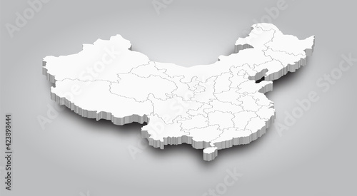 3D Map of China and province with shadow on gradient gray color background . Perspective view . Vector .