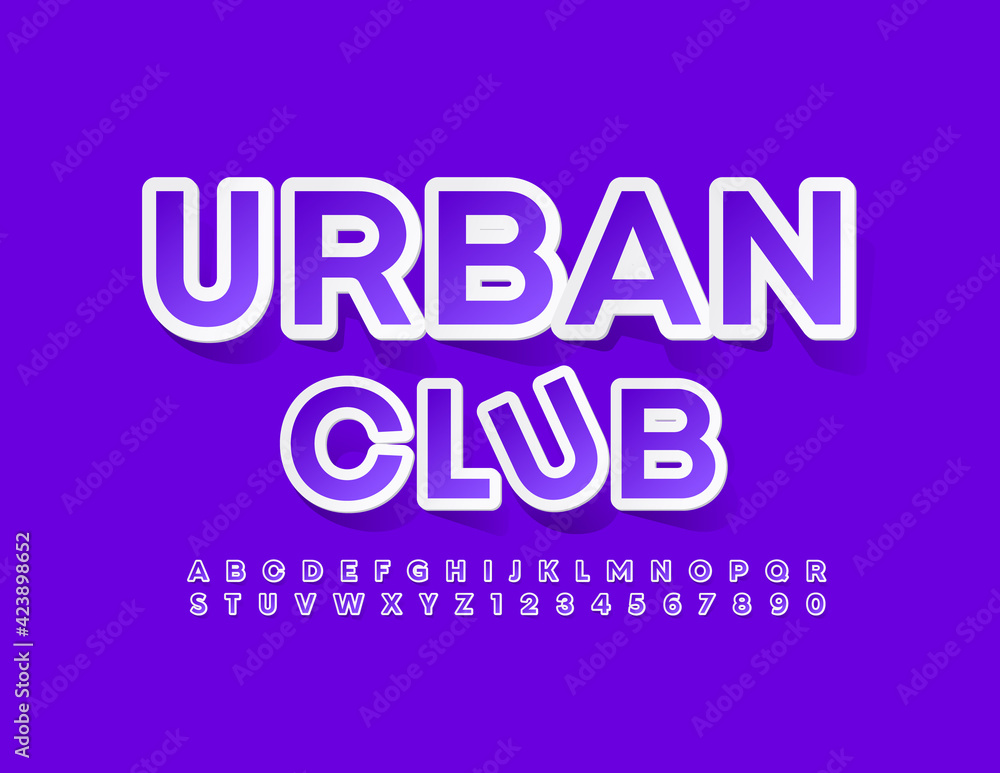 Vector trendy Emblem Urban Club  Bright Violet Font. Creative Alphabet Letters and Numbers