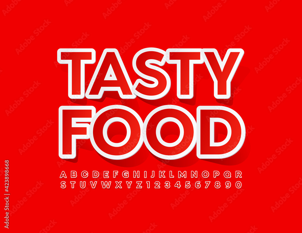 Vector red banner Tasty Food. Sticker style Font. Modern set of Alphabet Letters and Numbers Vector red banner Tasty Food. Sticker style Font. Modern set of Alphabet Letters and Numbers