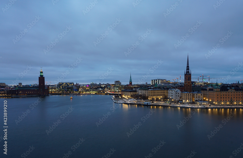 Skyline of Stockholm on a cloudy winter evening