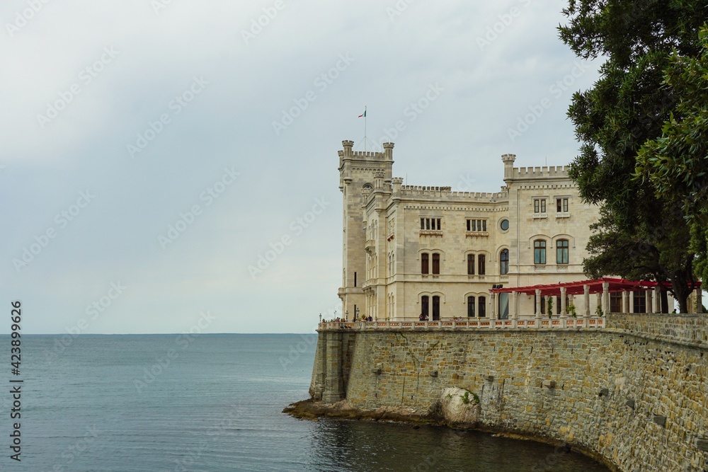 View of Miramare Castle against moody sky, Trieste, Italy