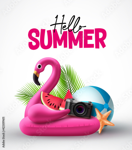 Hello summer vector concept design. Flamingo pink floater and summer beach elements in white background for holiday vacation. Vector illustration.
