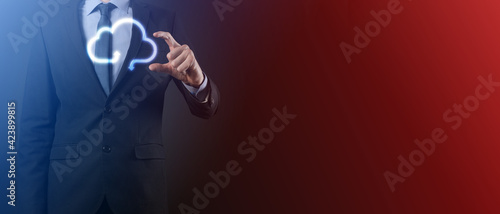 Businessman hold cloud icon.Cloud computing concept - connect smart phone to cloud. computing network information technologist with smart phone.Big data Concept.