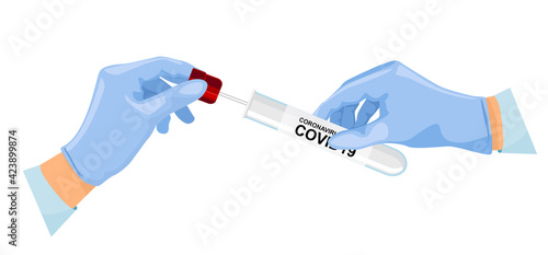 Taking tests, smear for coronavirus from a medical laboratory in the hand of a doctor. Diagnosis of coronavirus by saliva from a test tube. Test positive for covid-19. Vector