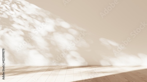 Mock-up of white empty room and light wood laminate floor with sun light cast the shadow on the wall, Perspective of minimal inteior design architecture, 3D rendering, 3D illustration photo