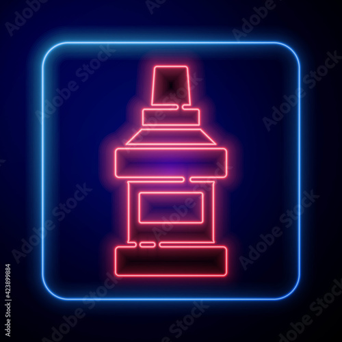 Glowing neon Mouthwash plastic bottle icon isolated on blue background. Liquid for rinsing mouth. Oralcare equipment. Vector