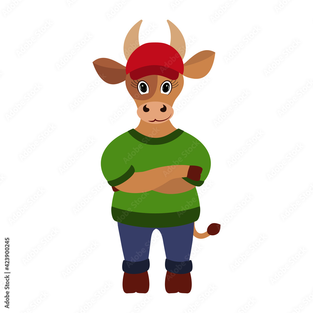 Fototapeta premium Cute bull in a cap. Taurus zodiac sign. Vector illustration for design