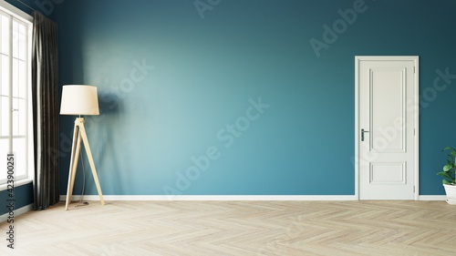 Modern style empty blue room with woode floor window sun light effect with tall lamp next to a dark luxurious curtain on the left and white door on the right. 3d illustration.