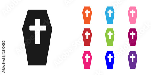 Black Coffin with christian cross icon isolated on white background. Happy Halloween party. Set icons colorful. Vector