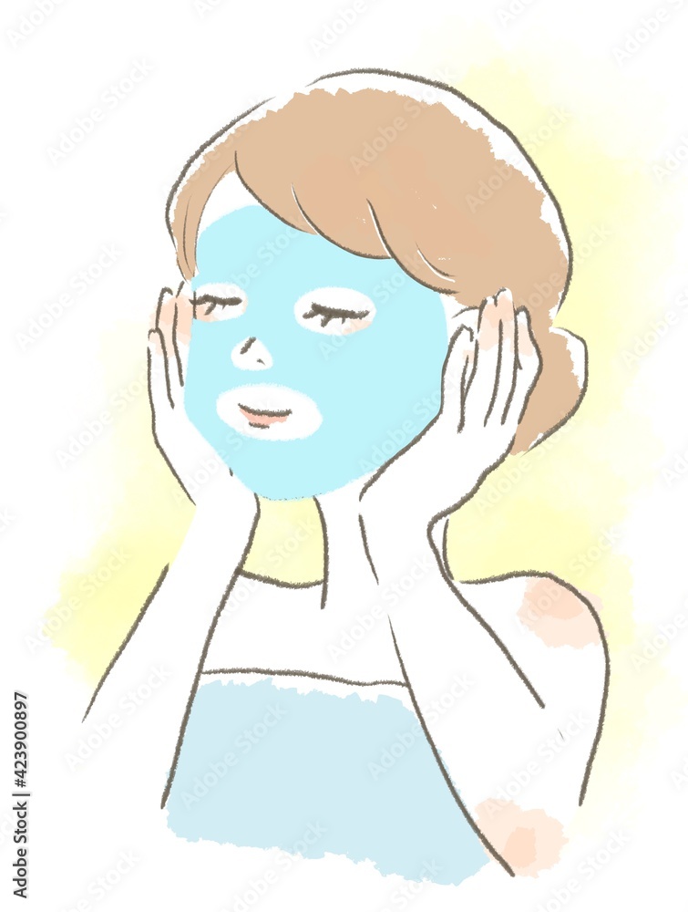 お風呂上がりにスキンケアをする女性のイラスト お風呂上がりにスキンケアをする女性のイラスト