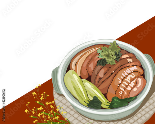 Stewed pork in clay pot on white background with yellow flower decoration. Isolated asian food vector illustration. Close-up hand drawing. 
