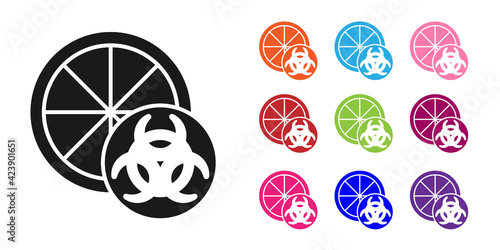 Black Genetically modified citrus fruit icon isolated on white background. Orange in a cut. Healthy lifestyle. GMO fruit. Set icons colorful. Vector