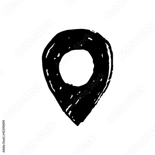 Pin icon. Drawn by hand with a brush. Outline stroke texture in the style of grunge. Vector illustration