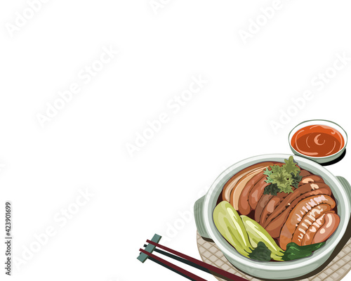 Isolated Stewed Pork in clay pot on white background with sauces and chopsticks. Close-up hand drawing asian food vector illustration. 