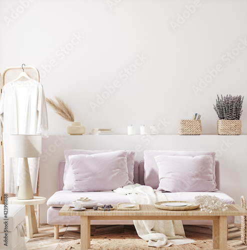 Home mock up with purple sofa and flowers, fresh spring living room interior, 3d render