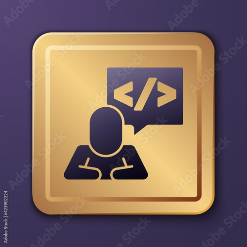 Purple Web design and front end development icon isolated on purple background. Gold square button. Vector