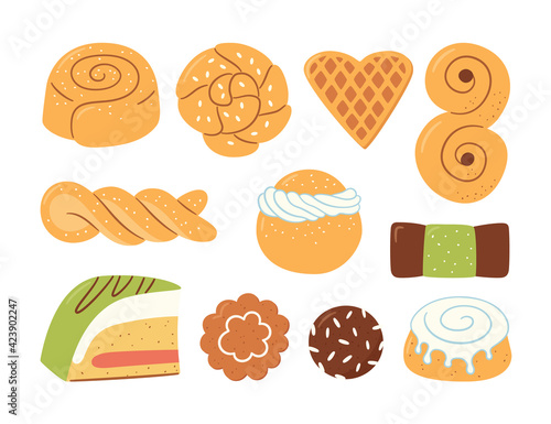 Traditional swedish sweets. Kanelbulle bun, cinnamon roll, Pepparkakor, Semla, lussekatt, dammsugare, prinsesstarta, waffle and chokladboll. Hand drawn isolated vector illustration on white background