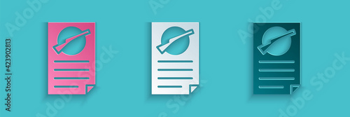 Paper cut Firearms license certificate icon isolated on blue background. Weapon permit. Paper art style. Vector