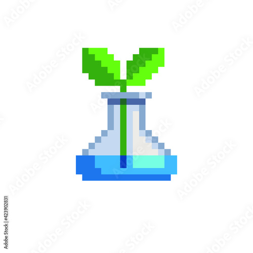 Eco technology concept. Lab flask pixel art icon. Chemical test tube with green plant. Logo for pharmacy, science, medicine, education, biotechnology and health. Isolated vector illustration. 