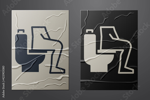 White Men sitting on the toilet and Constipation are experiencing severe abdominal pain icon isolated on crumpled paper background. Paper art style. Vector