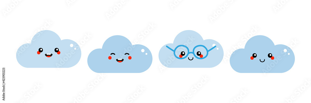 Set, collection of cute smiling cartoon style blue cloud characters for weather, seasonal design. Set, collection of cute smiling cartoon style blue cloud characters for weather, seasonal design.