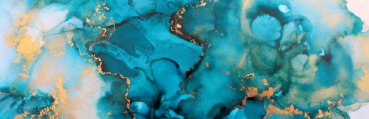 art photography of abstract fluid art painting with alcohol ink, blue and gold colors