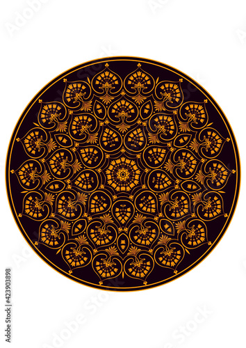 classical Mandala, rosette, eight-pointed star, set of Ornamental vector rosettes, snowflakes gold on burgundy background