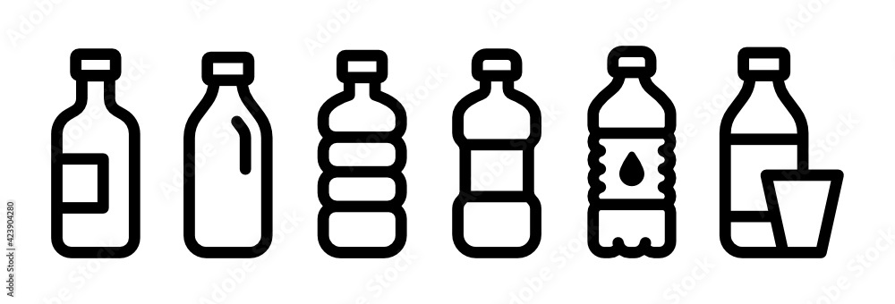 Water bottle vector line set. Plastic and glass bottles, milk drinking and soda beverage. Water bottle vector line set. Plastic and glass bottles, milk drinking and soda beverage.