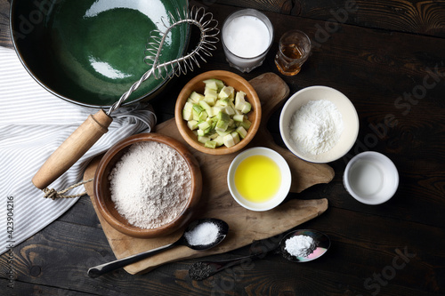 Vegan Pancake Ingredients: Green buckwheat flour, coconut milk, salt, grape syrup, cornstarch, baking powder, chopped zucchini, and apple cider vinegar