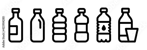 Water bottle vector line set. Plastic and glass bottles, milk drinking and soda beverage.